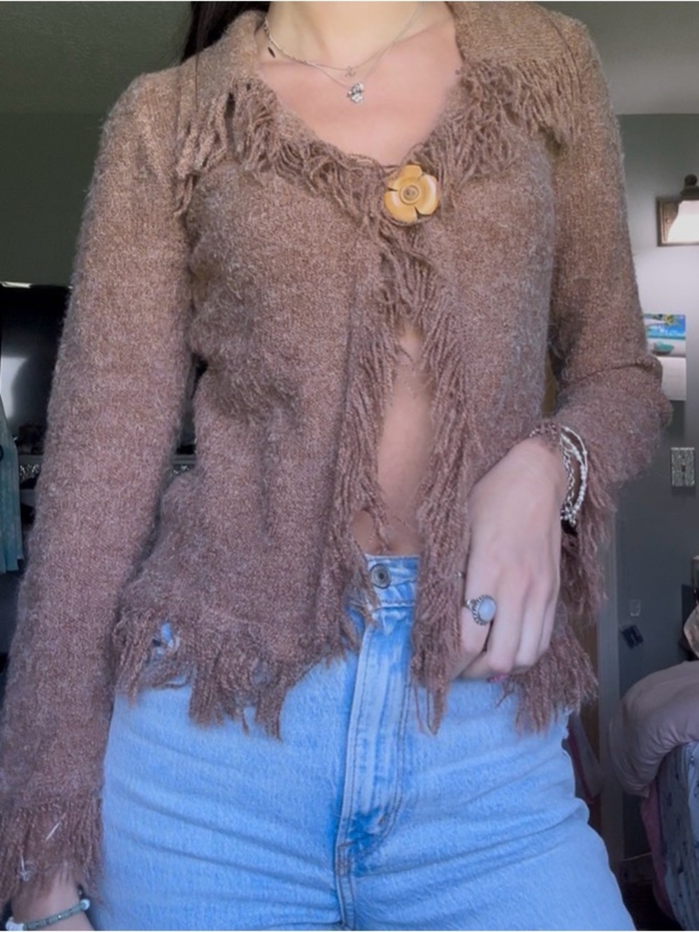 Fringed Open-Front Women’s Sweater Cardigan – Brown